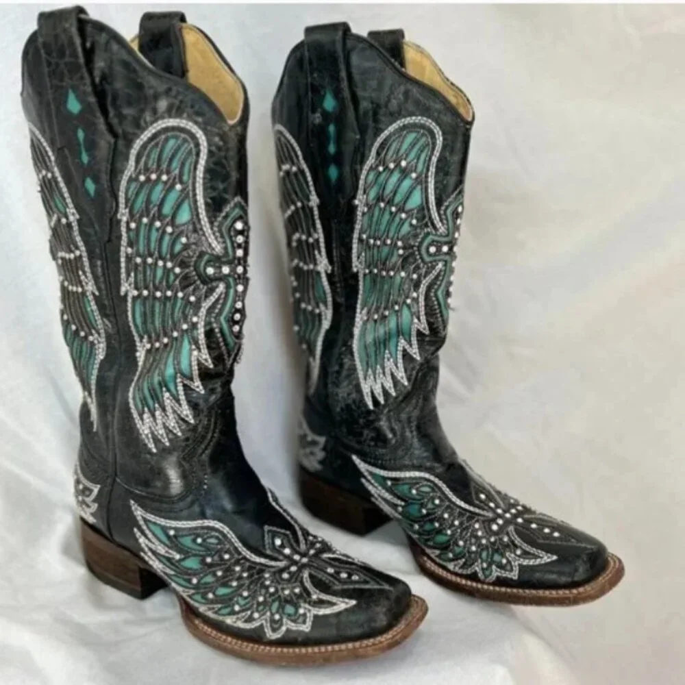 Corral Black w/Turquoise Wing Inlay & Crystal Studded Cross Heeled Boots Size: 7 - Picture 1 of 8